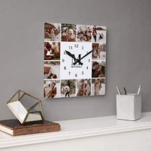 Moderne Familie 12 Foto Collage Monogramm Keepak Quadratische Wanduhr