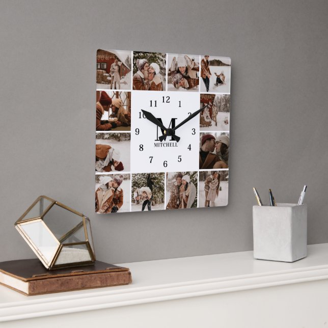 Moderne Familie 12 Foto Collage | Monogramm Keepak Quadratische Wanduhr (Büro)