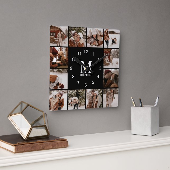 Moderne Familie 12 Foto Collage | Monogramm Keepak Quadratische Wanduhr (Büro)