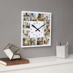 Moderne Familie 12 Foto Collage White Keepake Quadratische Wanduhr