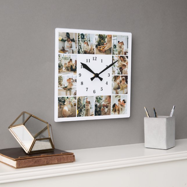 Moderne Familie 12 Foto Collage White Keepake Quadratische Wanduhr (Büro)