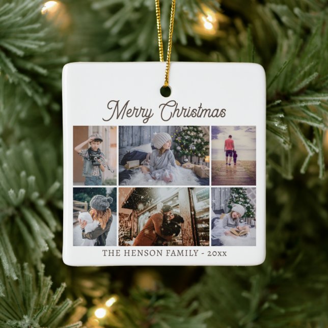 Moderne Familie 6 Foto Collage Frohe Weihnachten Keramikornament (Baum)