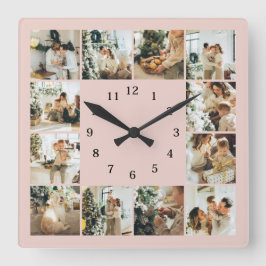 Moderne Familienfoto Collage Blush Pink Keepake Quadratische Wanduhr