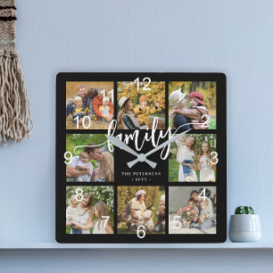 Moderne Familienfoto-Collage in schwarzer Schrift Quadratische Wanduhr