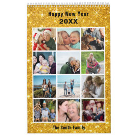 Moderne Familienfotografie Collage Gold Glitzer Cu Kalender