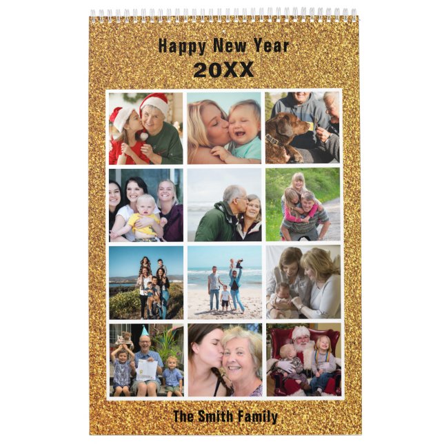 Moderne Familienfotografie Collage Gold Glitzer Cu Kalender (Titelbild)