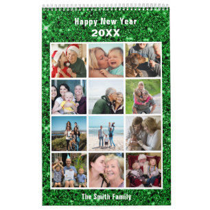 Moderne Familienfotografie Collage Green Glitzer C Kalender