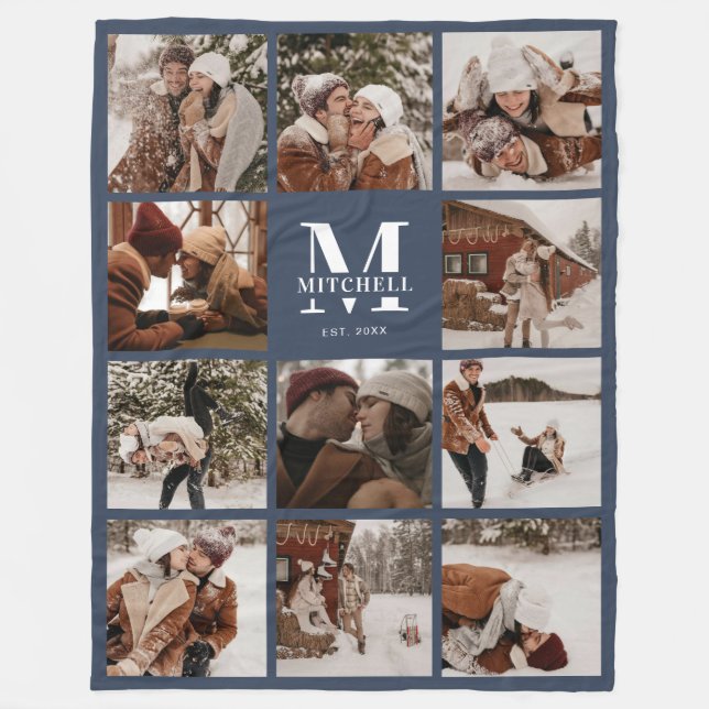 Moderne Familienfotografie Collage Mit Monogramm N Fleecedecke (Vorderseite)