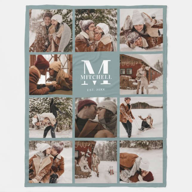 Moderne Familienfotografie Collage Mit Monogramm S Fleecedecke (Vorderseite)
