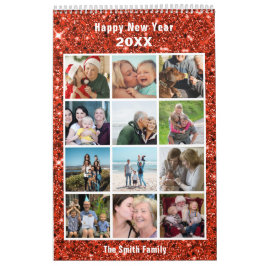 Moderne Familienfotografie Collage Red Glitzer Cus Kalender