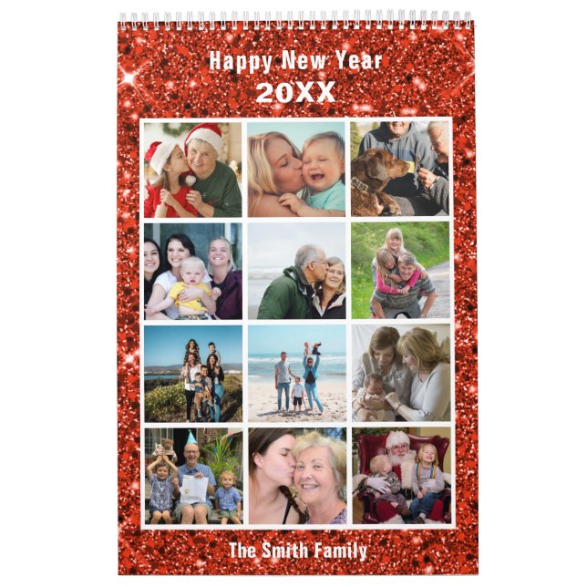 Moderne Familienfotografie Collage Red Glitzer Cus Kalender (Titelbild)