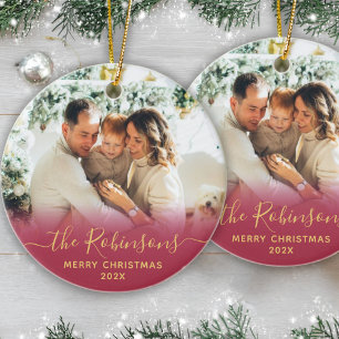 Moderne Familienname Script Foto Frohe Weihnachten Keramik Ornament