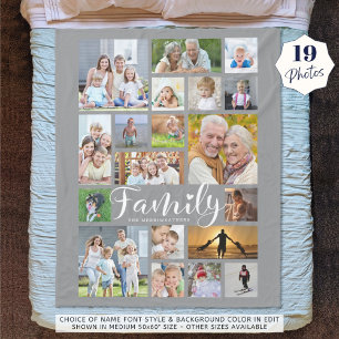 Moderne FAMILY 19 Foto Collage Script Herz Grau Fleecedecke
