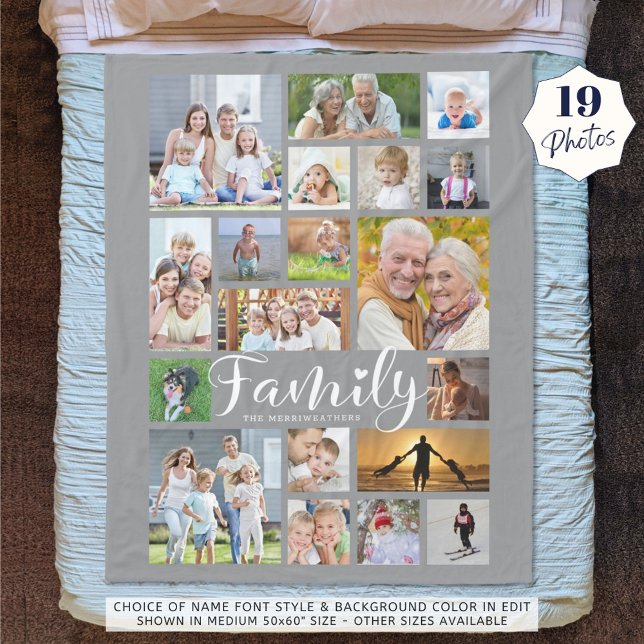 Moderne FAMILY 19 Foto Collage Script Herz Grau Fleecedecke (Von Creator hochgeladen)