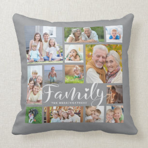 Moderne FAMILY Foto Collage Script Herz grau Kissen