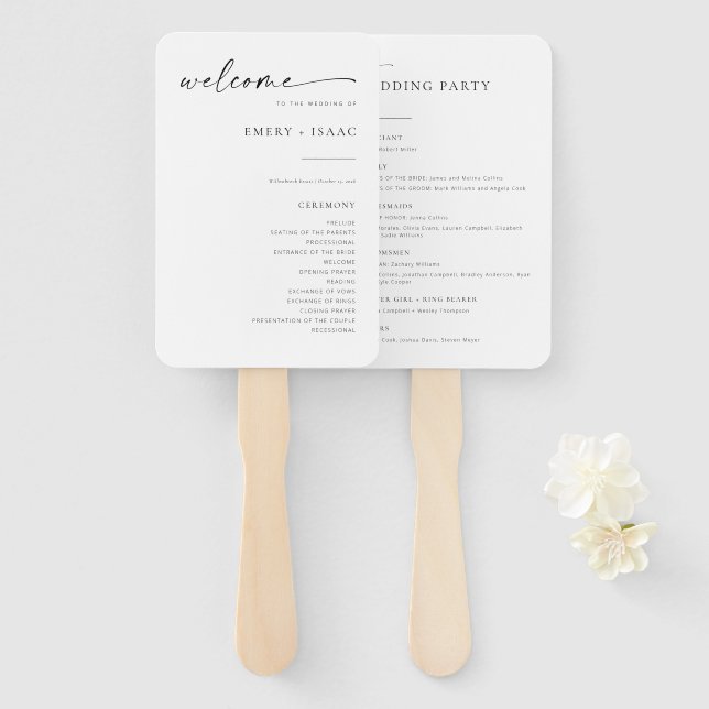 Moderne Fans des Minimalistischen Script Chic Wedd Fächer (Vorne und Hinten)