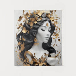 Moderne Fantasy-Kunst in Schwarz und Gold  Wandteppich