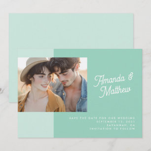 Moderne Farbblock-Mintgrün-Foto-Hochzeit Save The Date