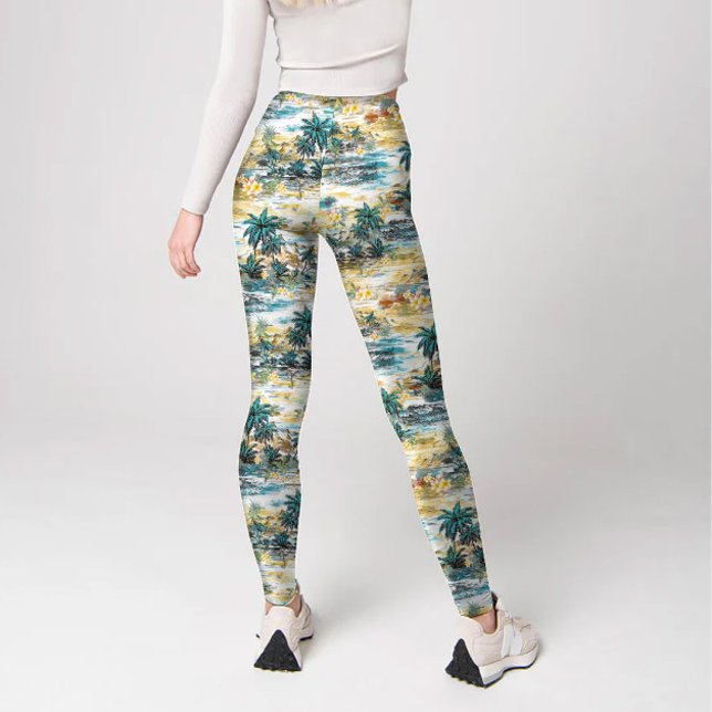 Moderne farbenfrohe blaugelbe tropische Insel Hawa Leggings (Modern Colorful Blue Yellow Tropical Haiwaii Island Pattern Printed Leggings)