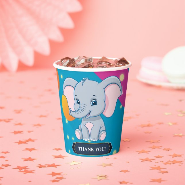 Moderne farbenfrohe Blue Elephant Baby Dusche Pappbecher (Insitu)
