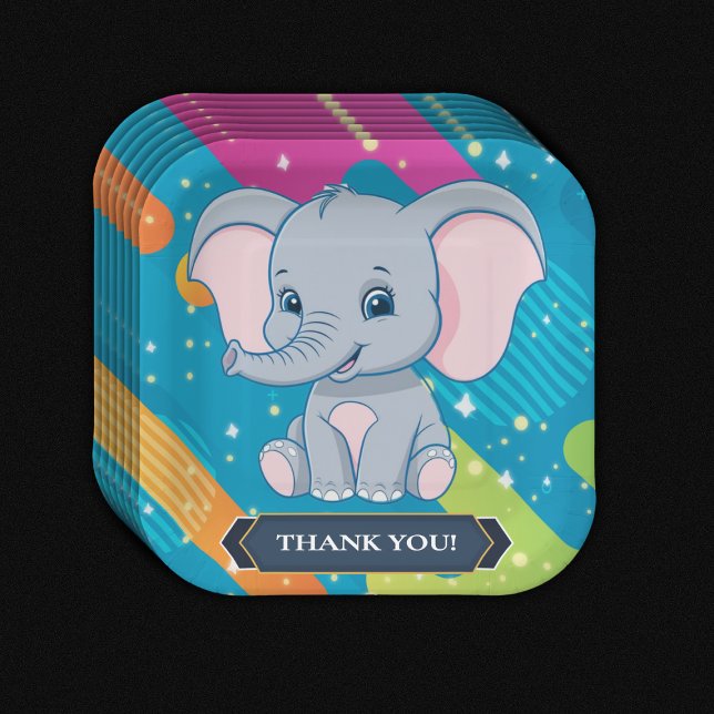 Moderne farbenfrohe Blue Elephant Baby Dusche Pappteller (Von Creator hochgeladen)