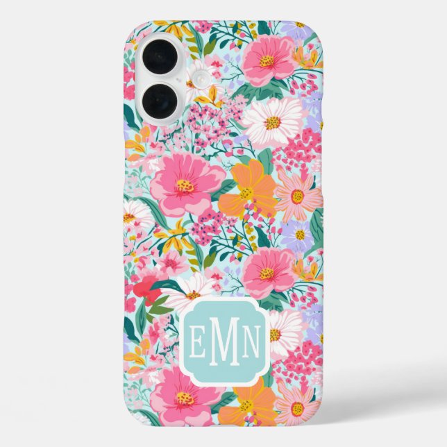 Moderne farbenfrohe Blumen-Garten-Monogramm-Schutz iPhone 16 Plus Hülle (Rückseite)