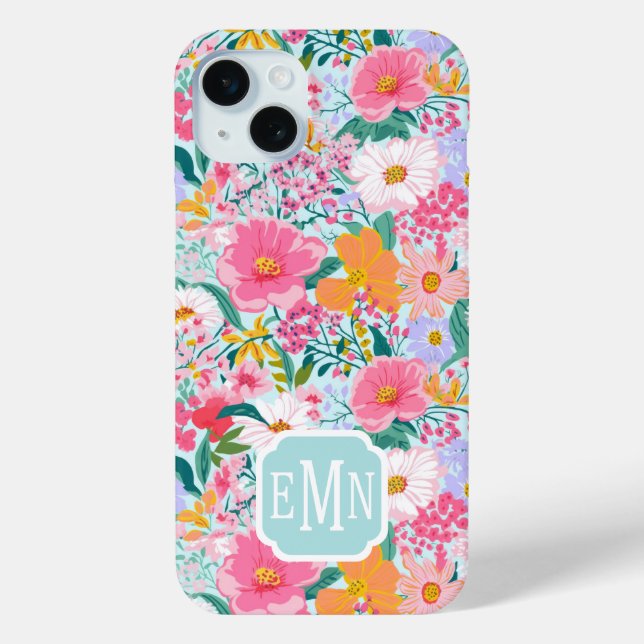 Moderne farbenfrohe Blumengarten-Monogramm Case-Mate iPhone Hülle (Rückseite)