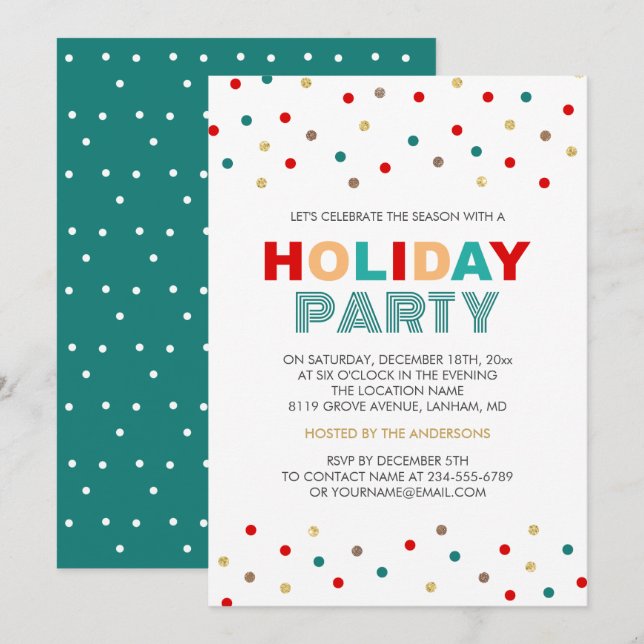 Moderne farbenfrohe Confetti Dots Holiday Party Einladung (Vorne/Hinten)