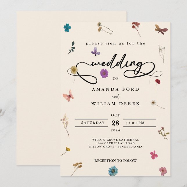 Moderne, farbenfrohe cremefarbene Blume Hochzeit Einladung (Vorne/Hinten)
