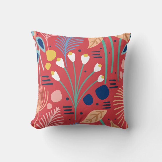 Moderne farbenfrohe Folior floral Muster Red Kissen (Vorderseite)