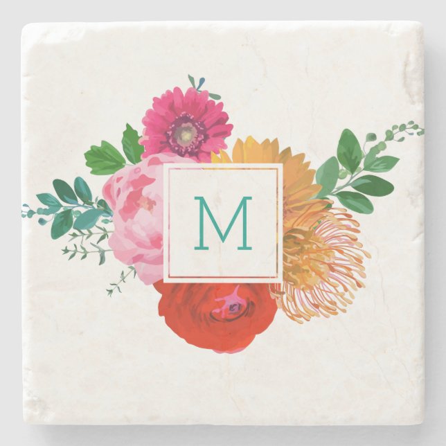 Moderne farbenfrohe Frühlingsblumen Monogrammiert Steinuntersetzer (Vorderseite)