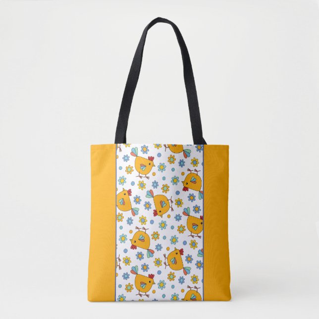 Moderne, farbenfrohe Hähnchen und Blume Doodle Tasche (Vorderseite)