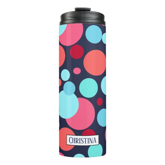 Moderne farbenfrohe Kreise und Name Thermosbecher (Vorderseite)