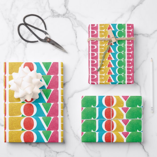 MODERNE farbenfrohe LIEBE PEACE JOY fröhliche Weih Geschenkpapier Set (Vorderseite)