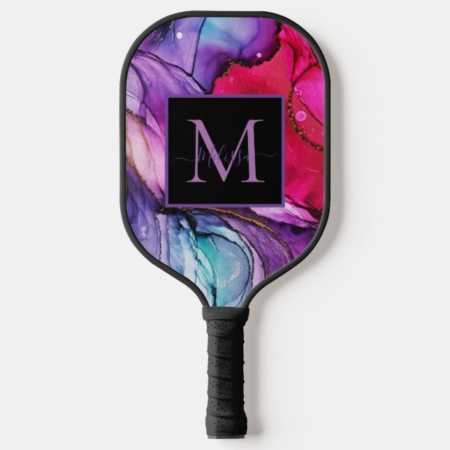 Moderne farbenfrohe marmorierte Monogramm-Name Pickleball Schläger (Vorderseite)