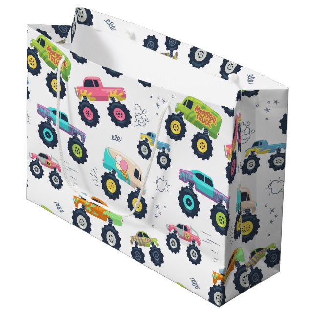 Moderne, farbenfrohe Monster Car Trucks Große Geschenktüte (Vorderseite Schrägansicht)