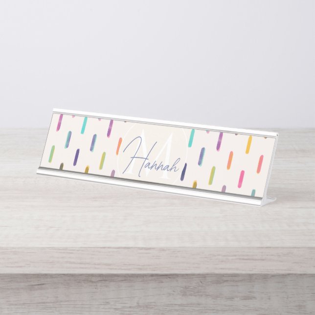 Moderne farbenfrohe Neon Glitch Pinselstriche Schreibtischnamensplakette (Vorderseite )