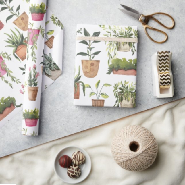 Moderne farbenfrohe Pflanze mit handgemalten Töpfe Geschenkpapier (Von Creator hochgeladen)