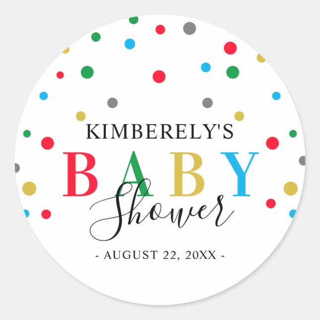 Moderne farbenfrohe Polka Dot Unisex Kinderdusche Runder Aufkleber (Vorderseite)