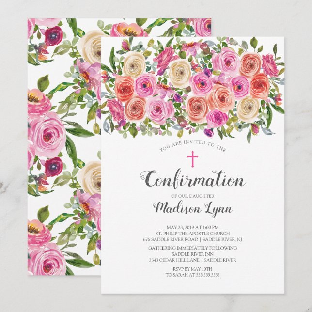 Moderne farbenfrohe rosa Flora und Kreuzbestätigun Einladung (Vorne/Hinten)