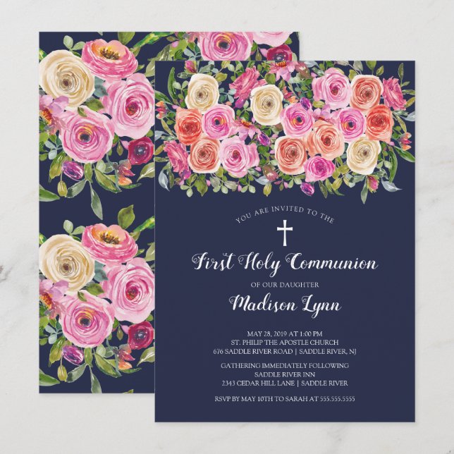 Moderne farbenfrohe rosa florale Erste Heilige Kom Einladung (Vorne/Hinten)