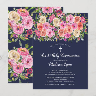 Moderne farbenfrohe rosa florale Erste Heilige Kom Einladung