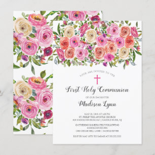 Moderne farbenfrohe rosa florale Erste Heilige Kom Einladung