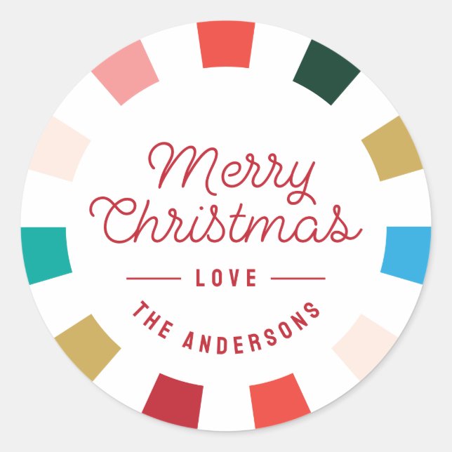 Moderne farbenfrohe Tafel frohe Weihnachten Runder Aufkleber (Vorderseite)