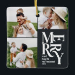 Moderne, farbenfrohe Typografie mit mehreren Fotos Keramikornament<br><div class="desc">Farbenfrohe Vintage Grafik schwarze Typografie merry chritsmas Multi-Foto Urlaubssornament Design. Teil einer kühnen Ferienkollektion.</div>