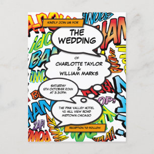 Moderne farbenfrohe Typografisches Fun Comic Hochz Einladungspostkarte