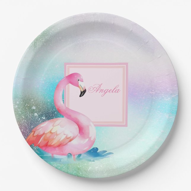 Moderne, farbenfrohe und ansprechende Flamingos Pappteller (Vorderseite)
