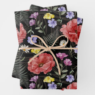 Moderne farbenfrohe und schwarze Wildblumenmuster  Geschenkpapier Set