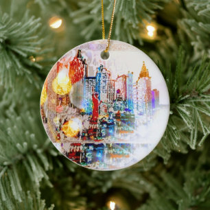 Moderne, farbenfrohe Wasserfarbe NYC Ball Weihnach Keramik Ornament
