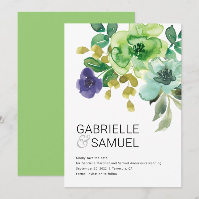 Moderne farbenfrohe Wasserfarben Blumenstrauß Save The Date (Vorne/Hinten)